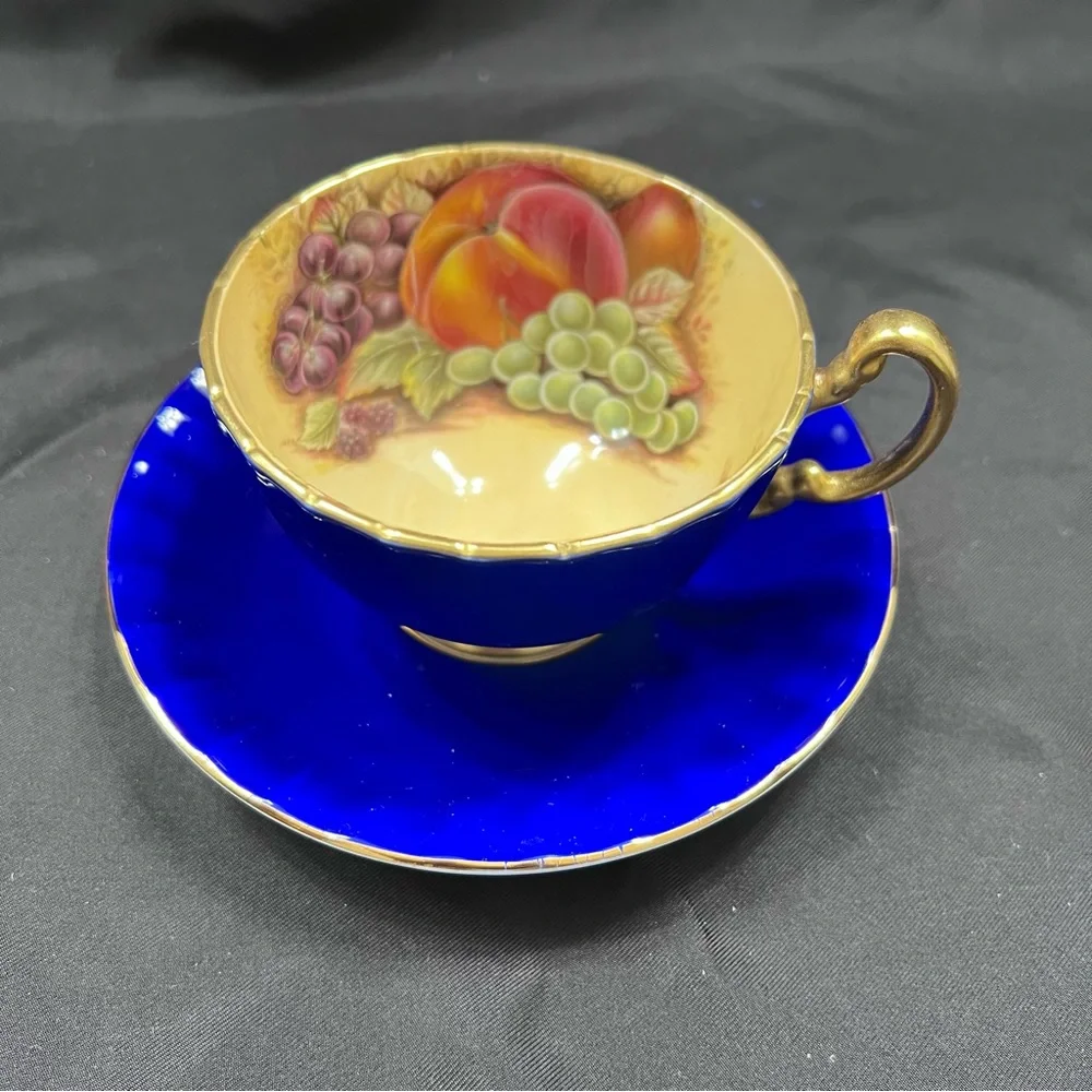 AYNSLEY Cobalt Blue ORCHARD FRUIT England Teacup‎ Cup & Saucer - Vintage